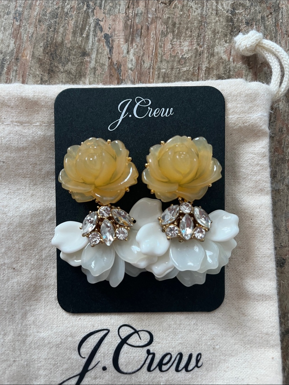 J. Crew Yellow Rose & White Petal Cluster Drop Earrings - Picture 2 of 3